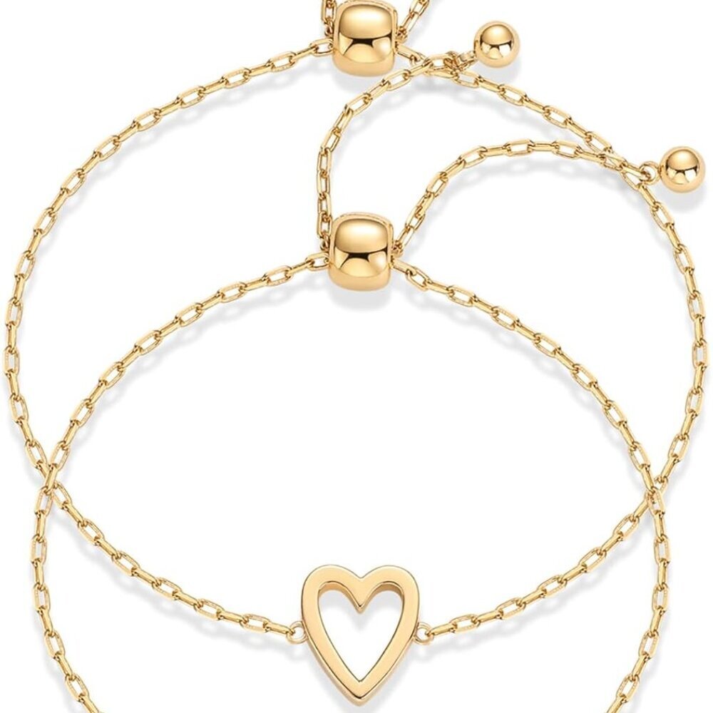 14K Gold Plated Matching Heart Charms Solitaire Bracelet Set for Women | Adjusta
